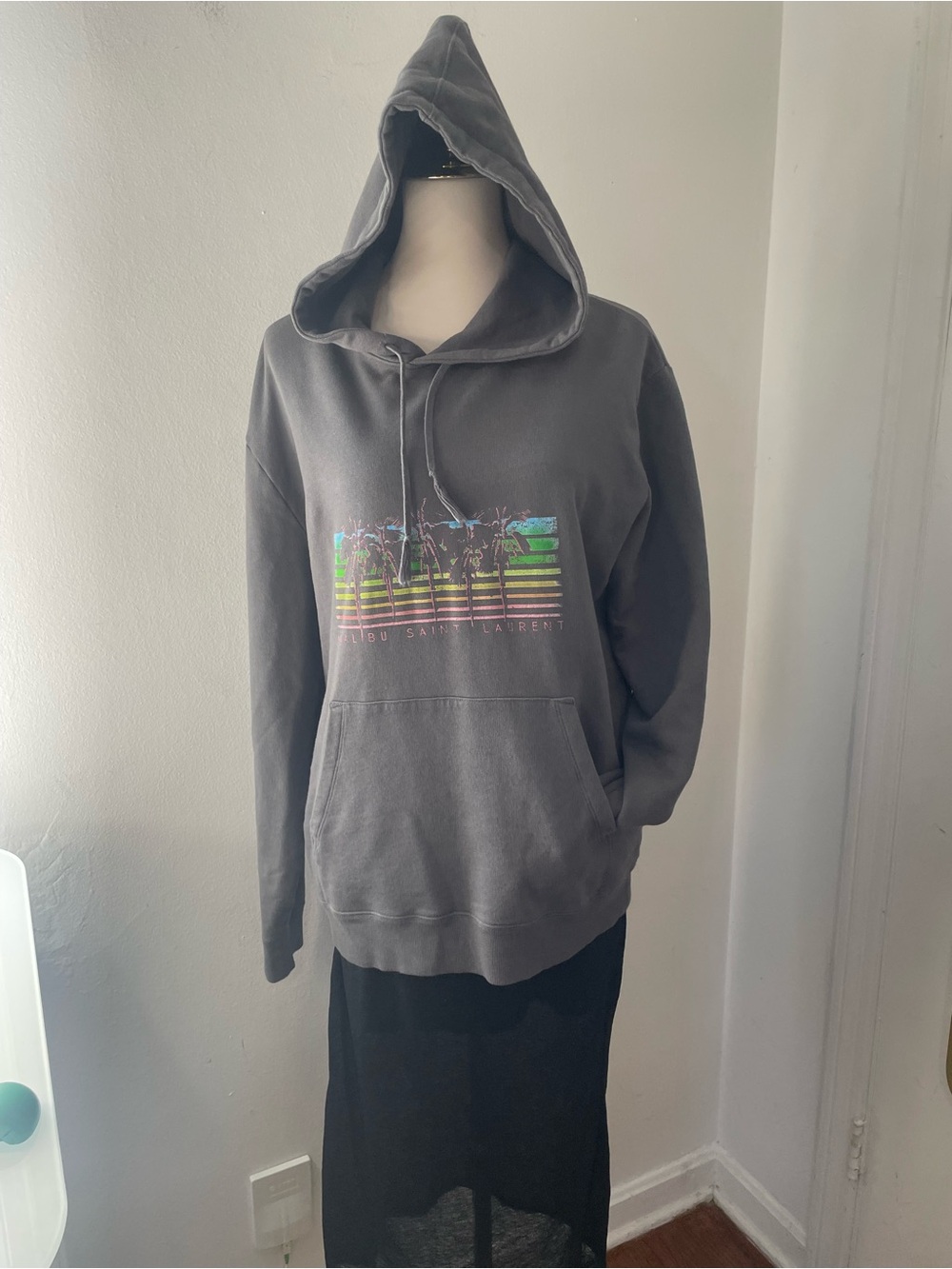 Authentic Saint Laurent Luxury Malibu Charcoal Hoodie with Palm Tree Graphic - Picture 1 of 13